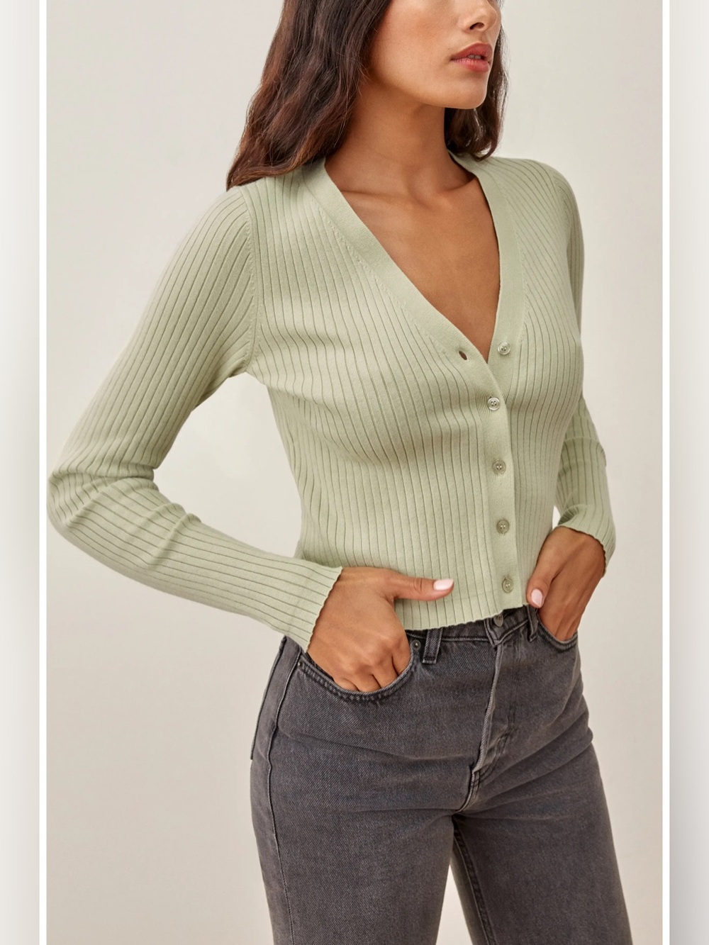 Reformation Gilda Ribbed V-Neck Cardigan – Eucalyptus Green – Size Medium - Picture 3 of 8
